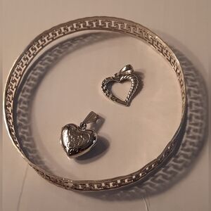 Sterling Silver 900 Filigree Bangle And 925 Pendant And Silver Tone Heart Locket